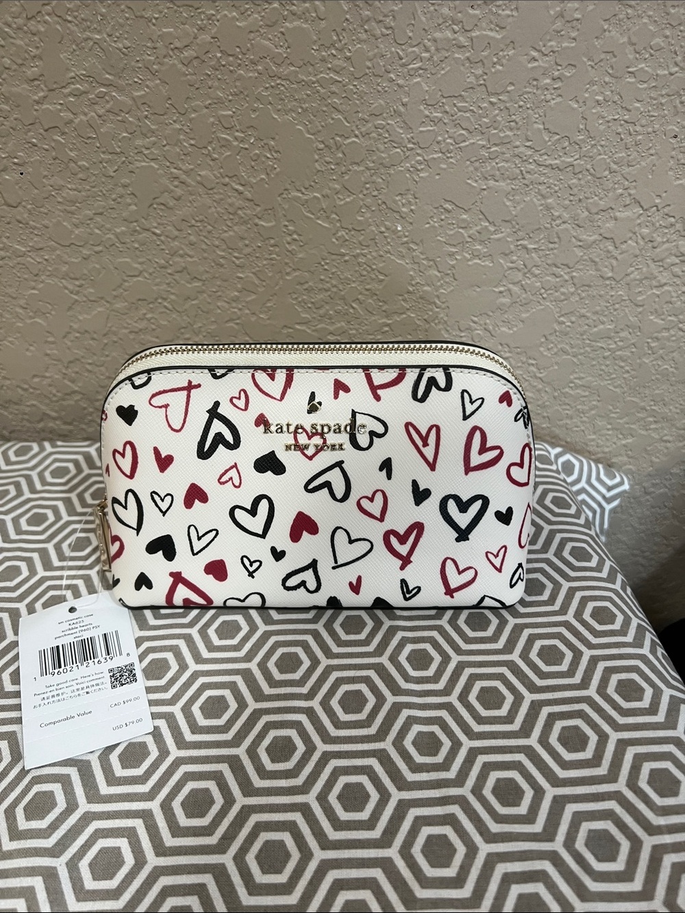 kate spade White Cosmetic Pouch with Red & Black Heart Print